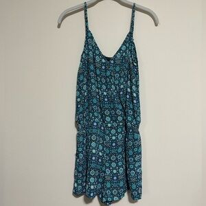 olivaceous Green And Blue Romper With Elastic Waist And Spaghetti Straps Size M